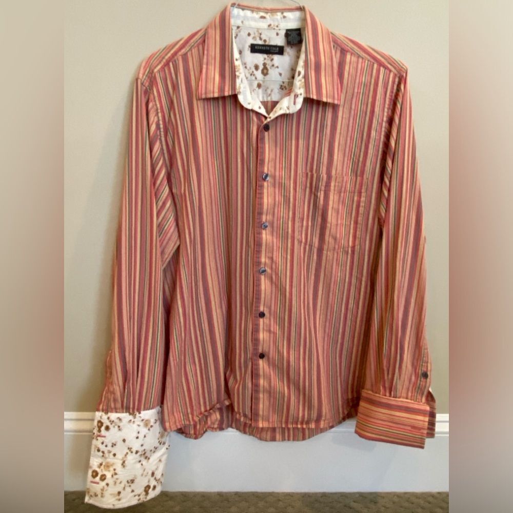 Kenneth Cole Multicolor Button Down Dress Shirt Decorative Cuffs Men's Sz XL